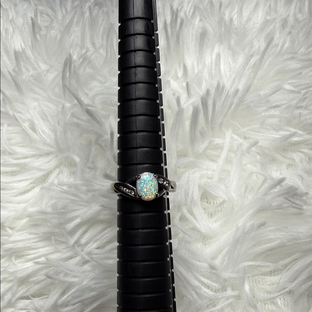 Opal  Silver Ring with Sparkle Accents - White Opalescent